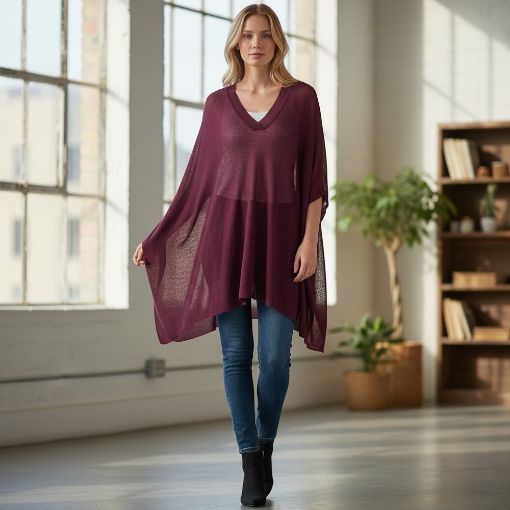 Chico's Poncho Sweater Women M/L Purple V-Neck Ribbed Knit High Slit Excellent